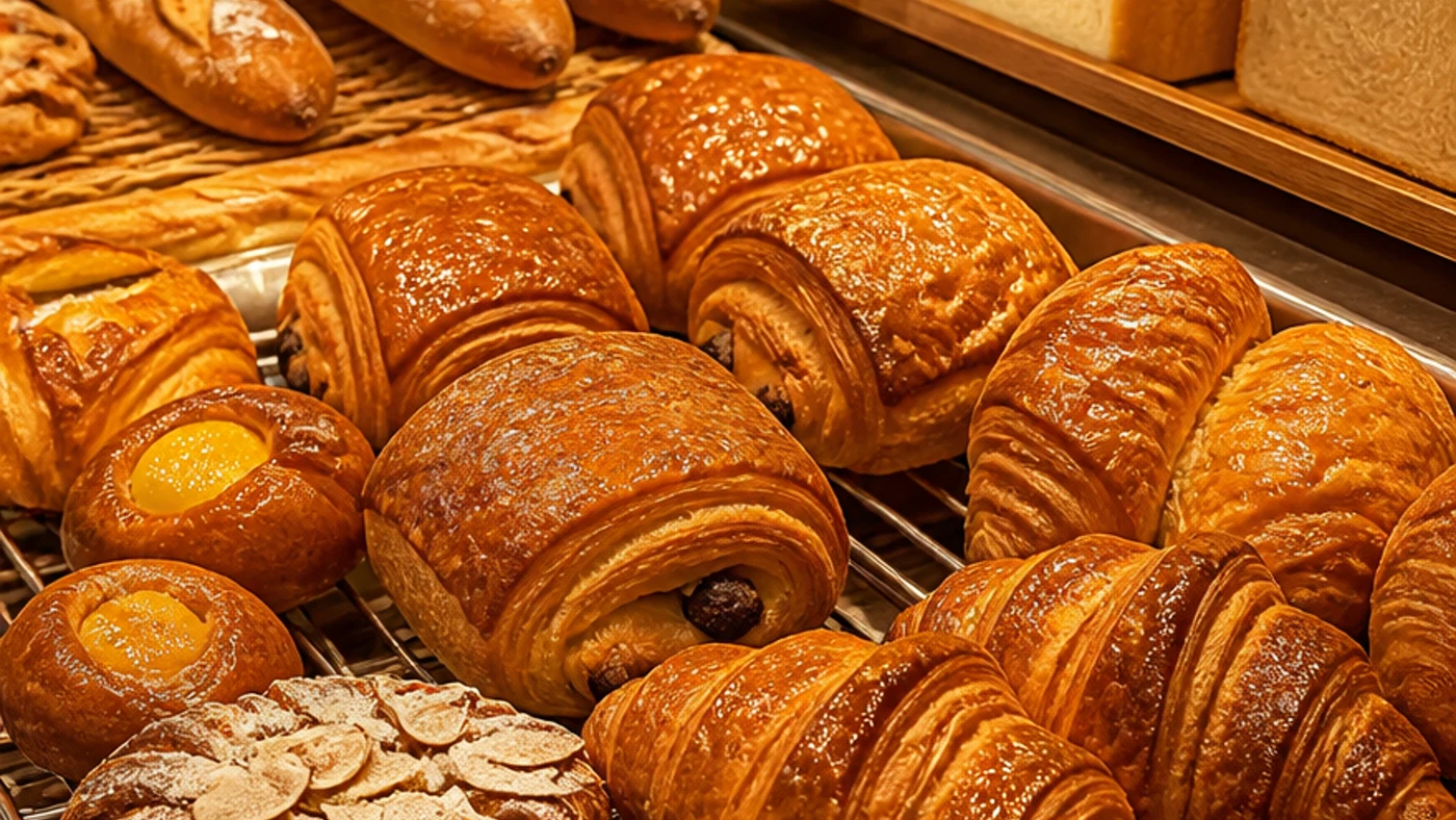 Golden croissants and freshly baked pastries